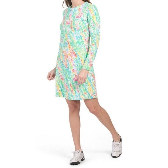 IBKUL Cat Cay Zip Crew Neck Dress Seafoam Multi Long Sleeve Golf UPF 50 Sz M - Picture 1 of 7